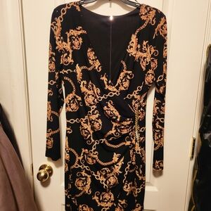Elegant Black and Gold Chain Print Dress